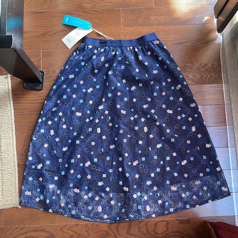 Blue Sparkle Metallic Geo Print Mesh Midi Skirt Size Small